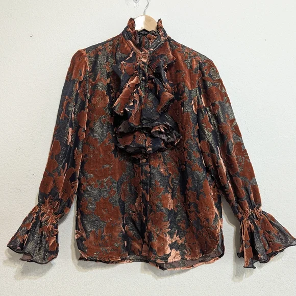 Rich Radi Q's Glittery Silk Burnout Velvet Blouse - Star Queen Brown Size XSmall - Picture 3 of 11